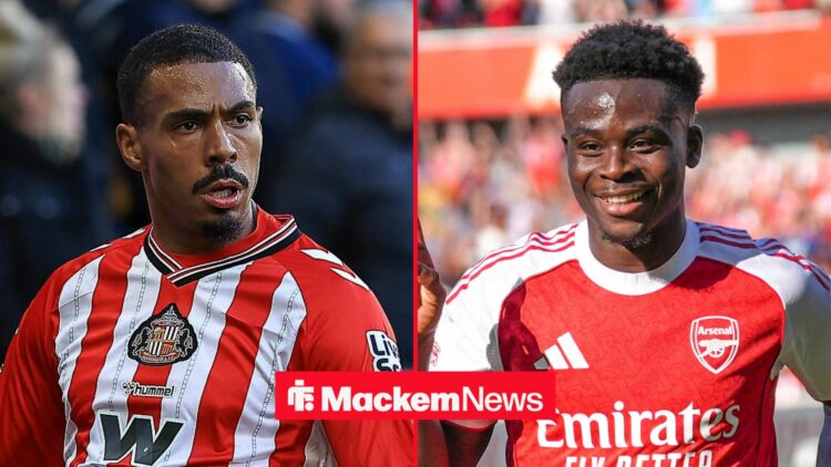 Sunderland striker Wilson Isidor celebrates with Arsenal winger Bukayo Saka celebrates