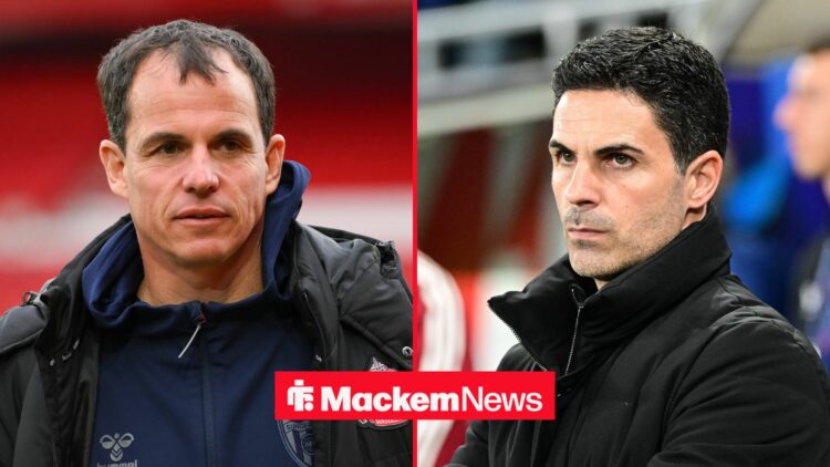 Sunderland manager Regis Le Bris with Arsenal manager Mikel Arteta