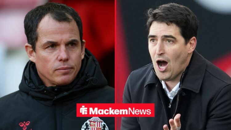 Andoni Iraola complains, with Regis Le Bris looking on alongside him in a split image