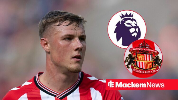 Dan Ballard in action, and Sunderland and Premier League badges in circular insets