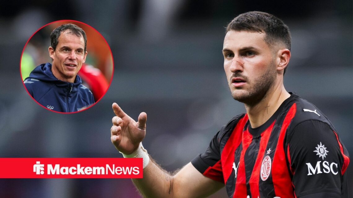 Santiago Gimenez points in an AC Milan shirt and Regis Le Bris in a round overlay