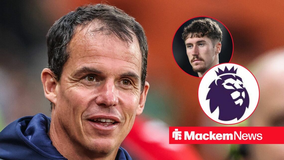 Regis Le Bris smiling at Trai Hume and Premier League badge in circular inset