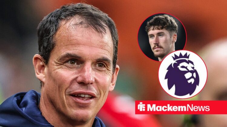 Regis Le Bris smiling at Trai Hume and Premier League badge in circular inset