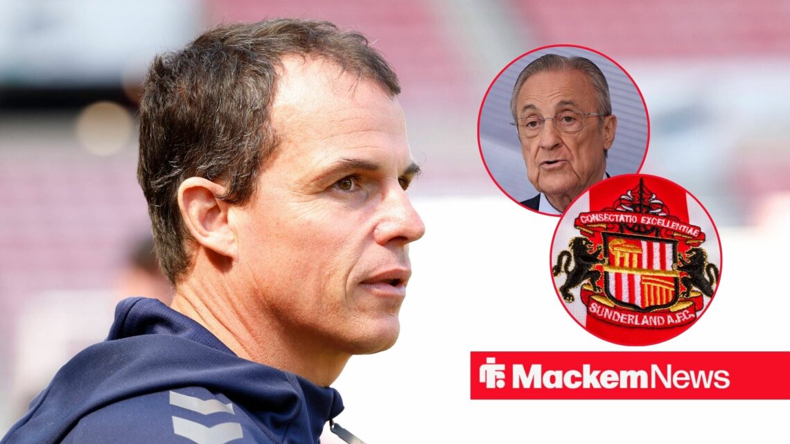 Regis Le Bris looking at Florentino Perez and Sunderland badge in circular inset