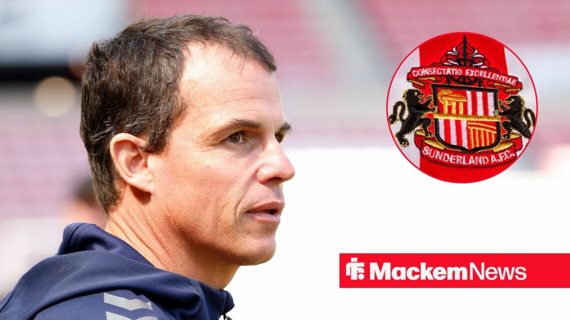 Regis Le Bris looking to the right and Sunderland badge in circular inset