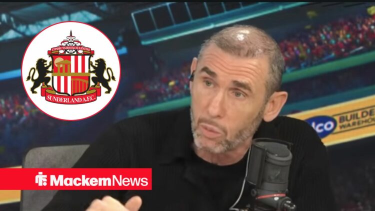Martin Keown looking angry, Sunderland badge in inset.