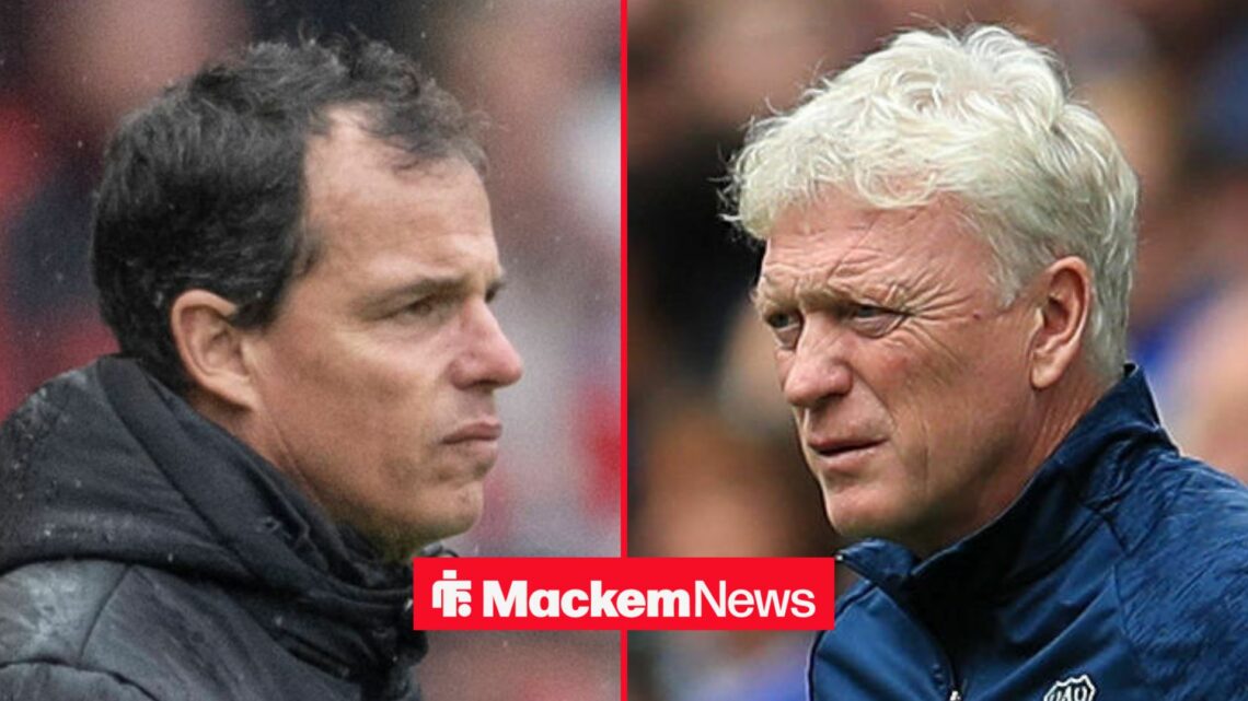 Regis Le Bris looking focused at David Moyes in circular inset