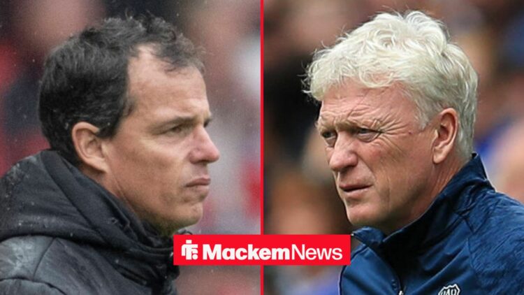 Regis Le Bris looking focused at David Moyes in circular inset