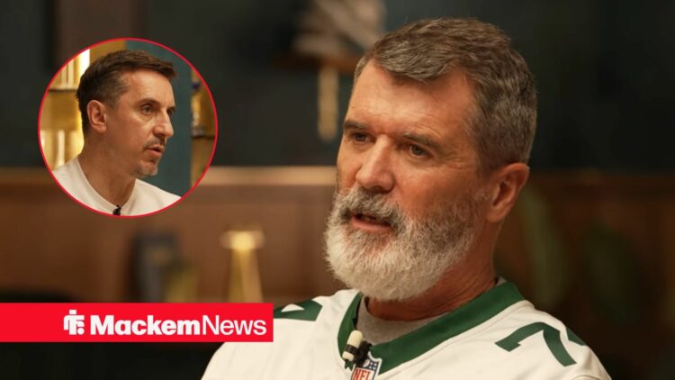 Ex-Sunderland boss Roy Keane looking angry, Gary Neville in inset.