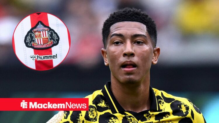 Borussia Dortmund midfielder Jobe Bellingham and Sunderland badge in circular inset