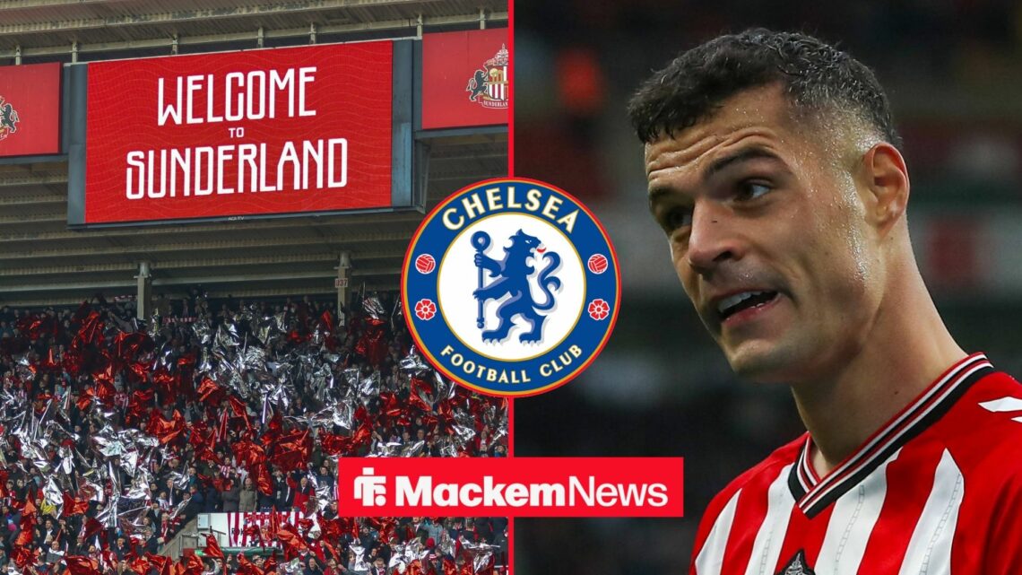 Granit Xhaka in action and Sunderland fans in split image with Chelsea badge in circular inset