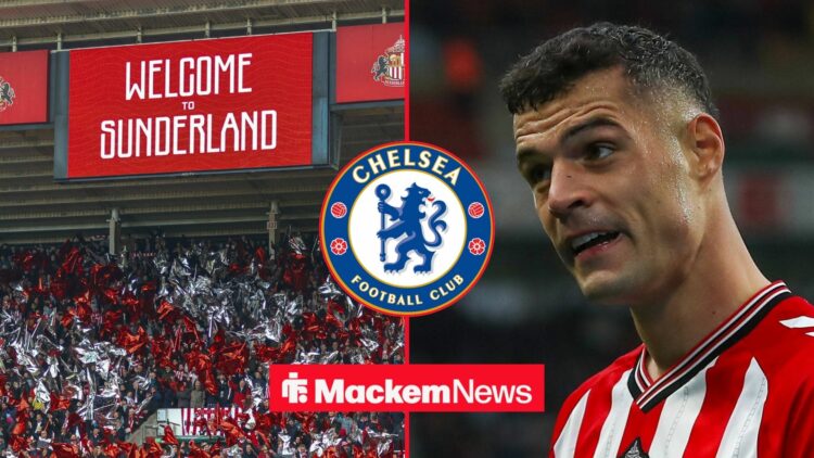 Granit Xhaka in action and Sunderland fans in split image with Chelsea badge in circular inset