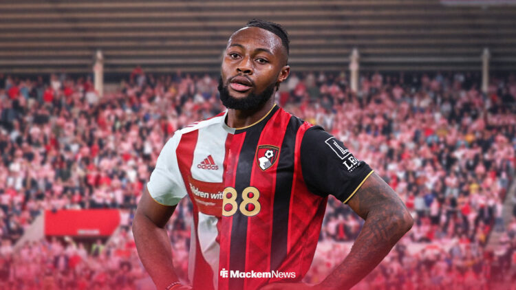 Antoine Semenyo in half-half Sunderland and Bournemouth shirt
