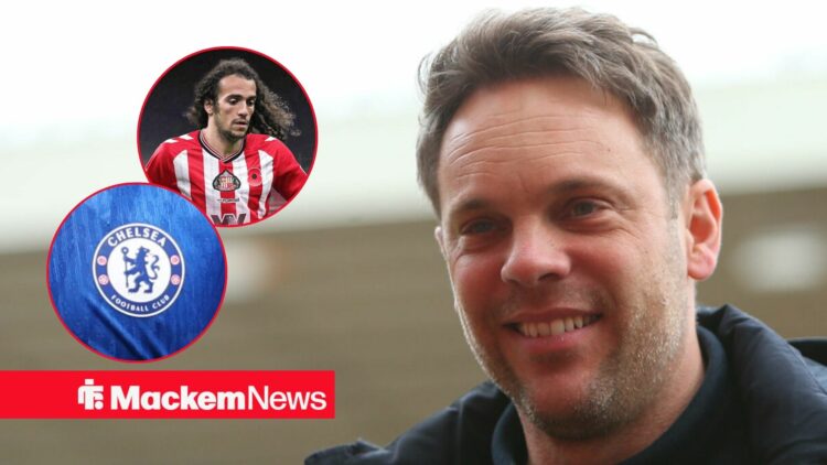 Kristjaan Speakman with Chelsea badge and Matteo Guendouzi in frame