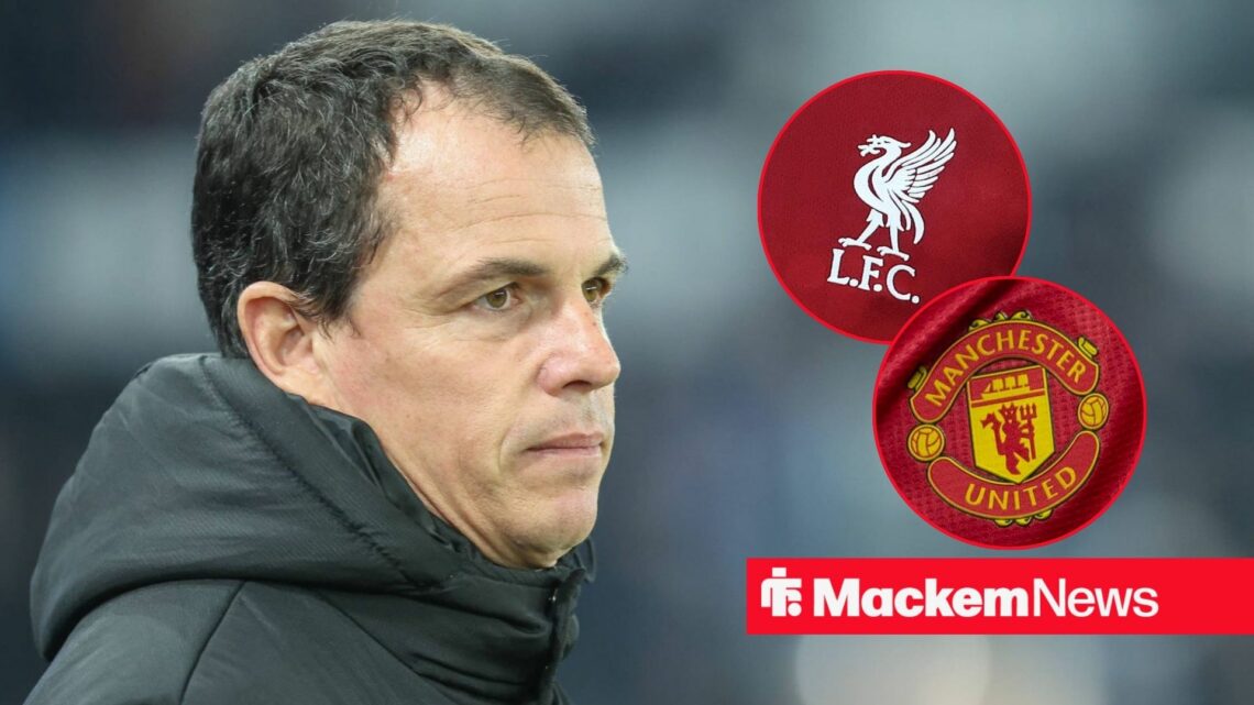 Regis Le Bris with Liverpool and Man United badge in frame