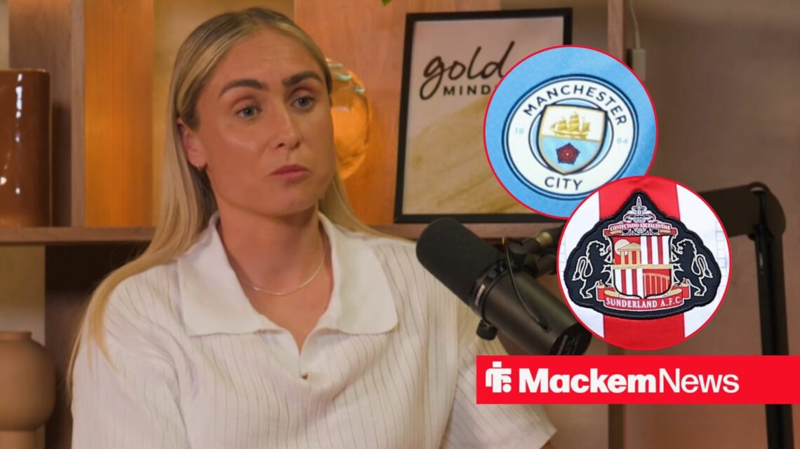 Steph Houghton with Man City and Sunderland badge in frame