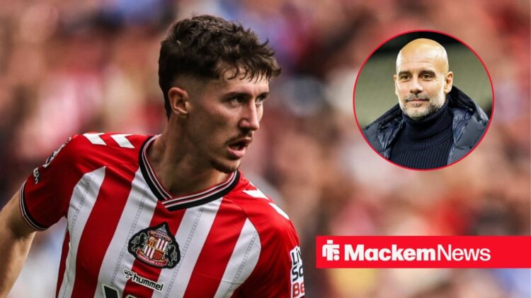 Trai Hume with Pep Guardiola in frame