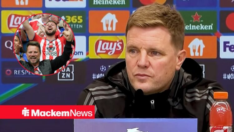 Eddie Howe speaking in a press conference looking towards Sunderland fans celebrating