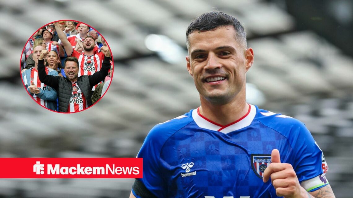 Granit Xhaka alongside a circle inset of Sunderland fans.