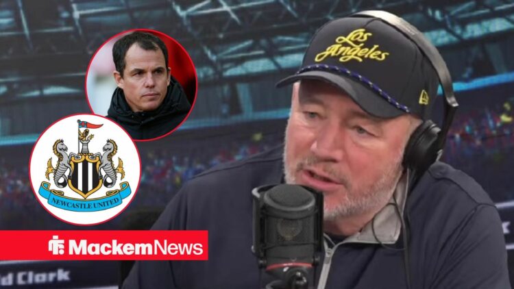 Ally McCoist looking at Regis Le Bris and the Newcastle badge.