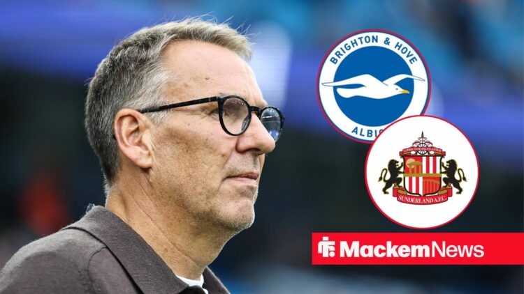 Paul Merson looking at the Brighton and Sunderland badges.