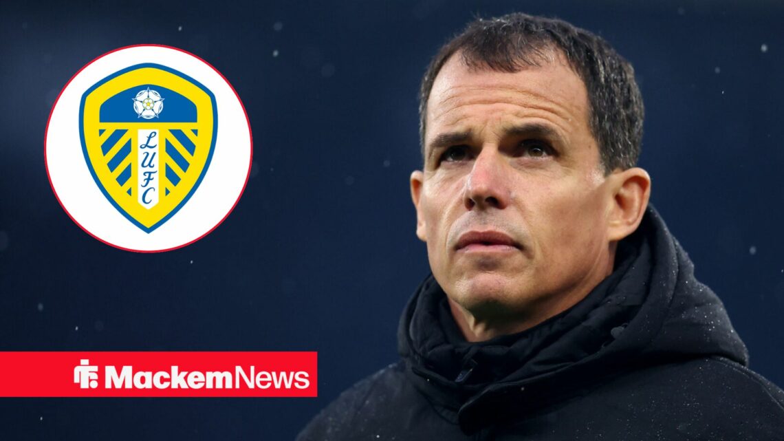 Regis Le Bris alongside a circle inset of the Leeds badge.