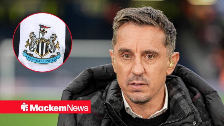 Gary Neville looking at Newcastle badge in circle