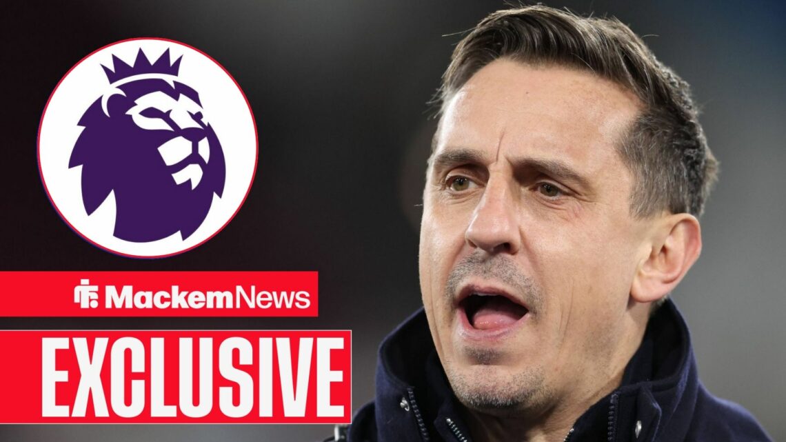 Gary Neville looking at Premier League badge in circle