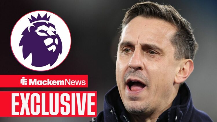Gary Neville looking at Premier League badge in circle