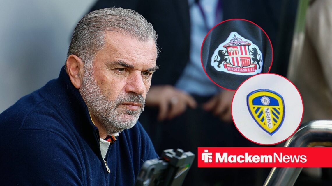 Ange Postecoglou looking angry, Sunderland and Leeds badges in inset.