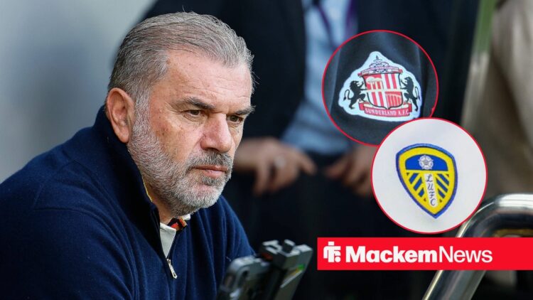 Ange Postecoglou looking angry, Sunderland and Leeds badges in inset.