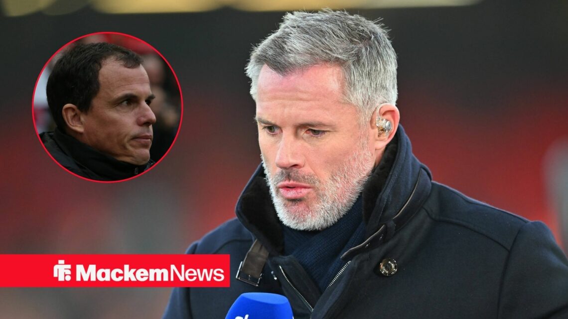 Jamie Carragher next to a circular inset of Regis Le Bris