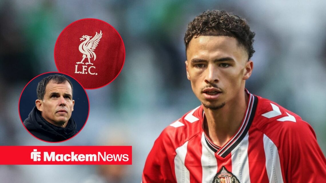 Chemsdine Talbi in action for Sunderland, Regis Le Bris and Liverpool badge in insets.