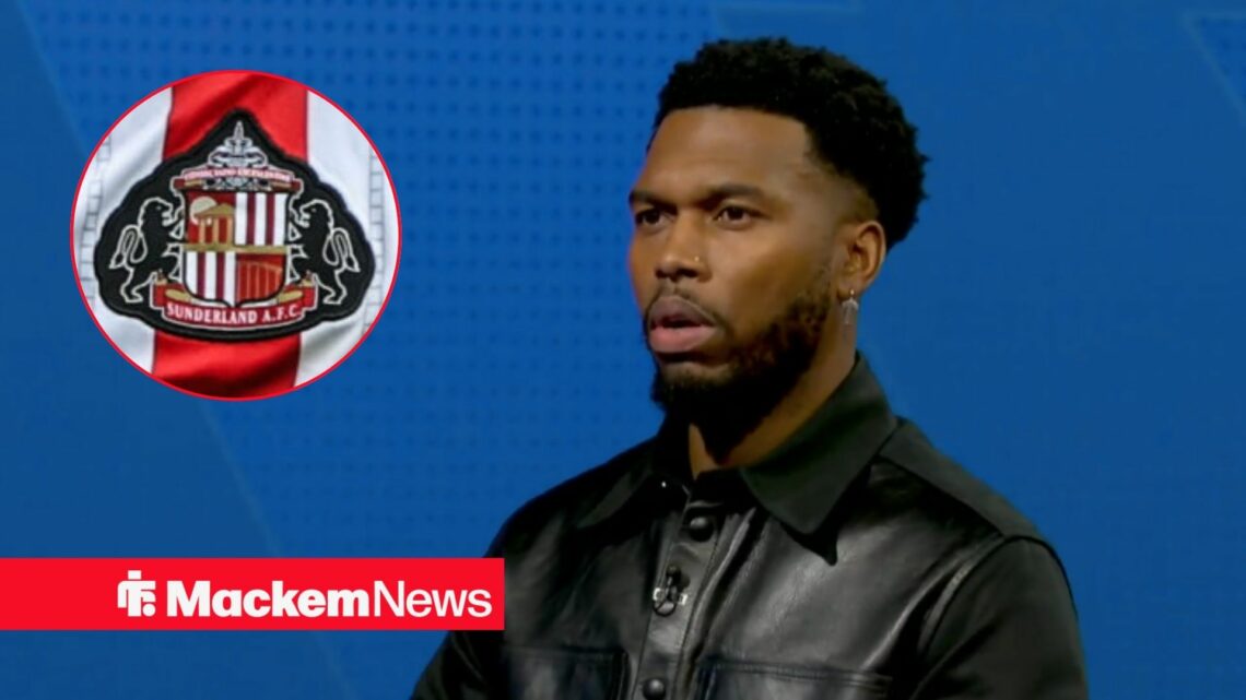 Daniel Sturridge looking confused, Sunderland badge in inset.