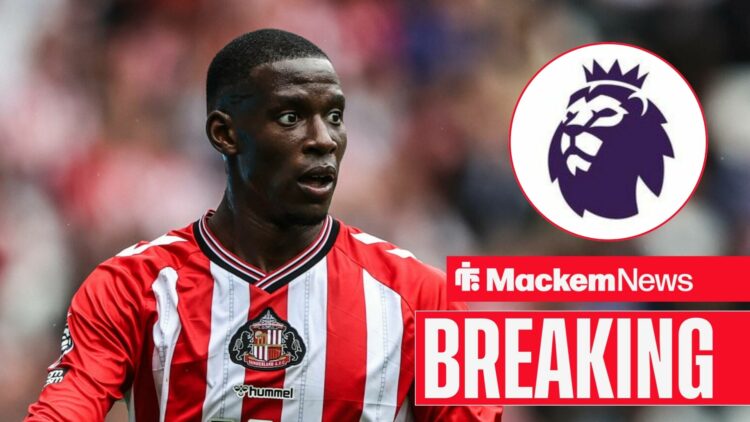 Sunderland ace Nordi Mukiele looking stunned, Premier League badge in inset.