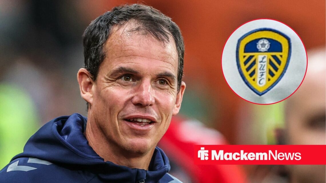 Sunderland boss Regis Le Bris smiling, Leeds badge in inset.