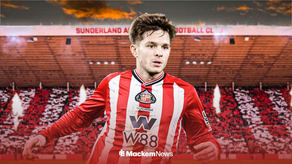 James McAtee playing in a Sunderland shirt in front of the Stadium of Light.