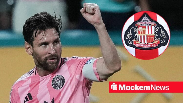 Lionel Messi celebrating, Sunderland badge in frame