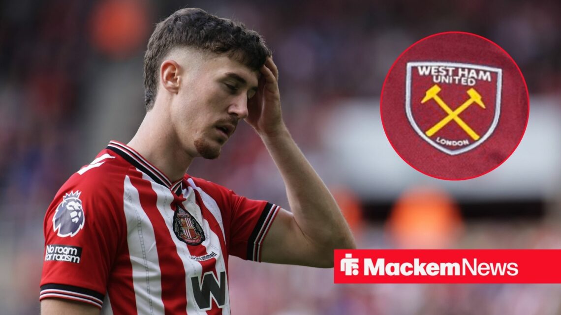 Trai Hume looking disappointed with West Ham badge in circular inset.