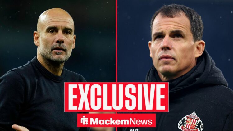 Pep Guardiola looks towards Regis Le Bris in a split image