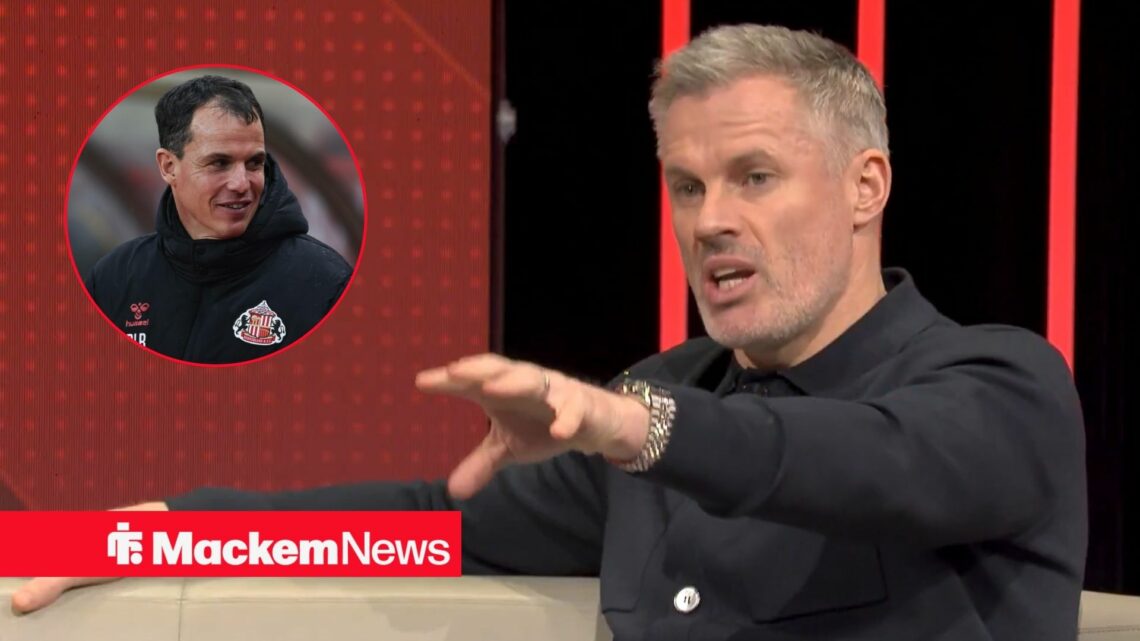 Jamie Carragher and a circular inset of Sunderland boss Regis Le Bris