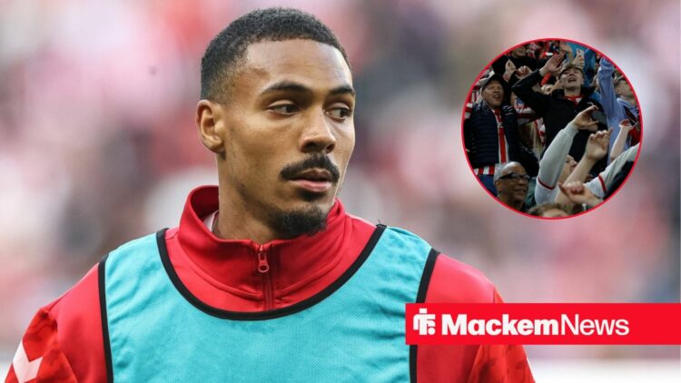 Wilson Isidor warming up as a Sunder substitute with circular inset of Sunderland fans