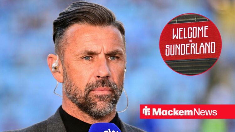 Kevin Phillips looking at a circular inset of the Welcome to Sunderland sign.