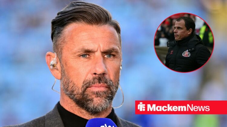 Kevin Phillips looking at a circular inset of Régis Le Bris