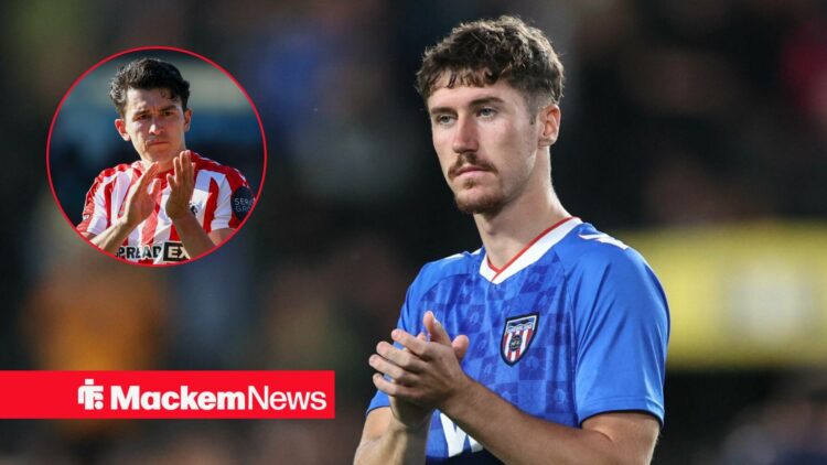 Trai Hume looking at a circular inset of Luke O'Nien