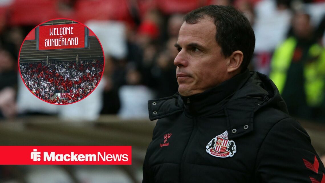 Regis Le Bris looks at a circular inset of Sunderland fans.