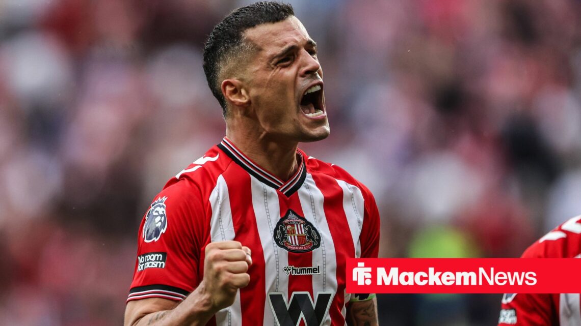Granit Xhaka celebrates in front of the Sunderland fans.