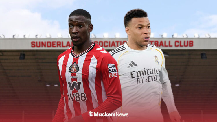 Sunderland's Nordi Mukiele and Real Madrid's Kylian Mbappe in action