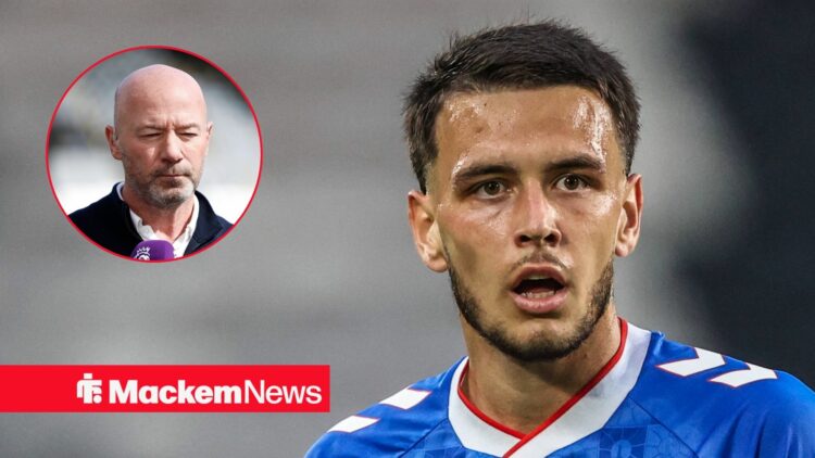 Alan Shearer holds a microphone (inset) as Enzo Le Fee looks on, bemused