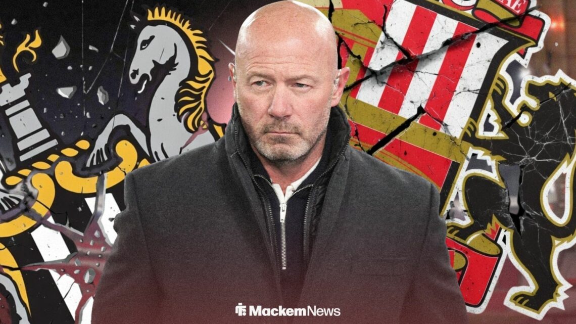 Alan Shearer looking annoyed ahead of the Newcastle United and Sunderland badges